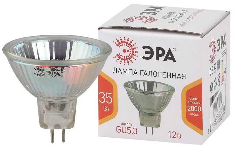 Лампочка галогенная ЭРА GU5.3-MR16-35W-12V-CL GU5.3 35Вт софит теплый белый свет