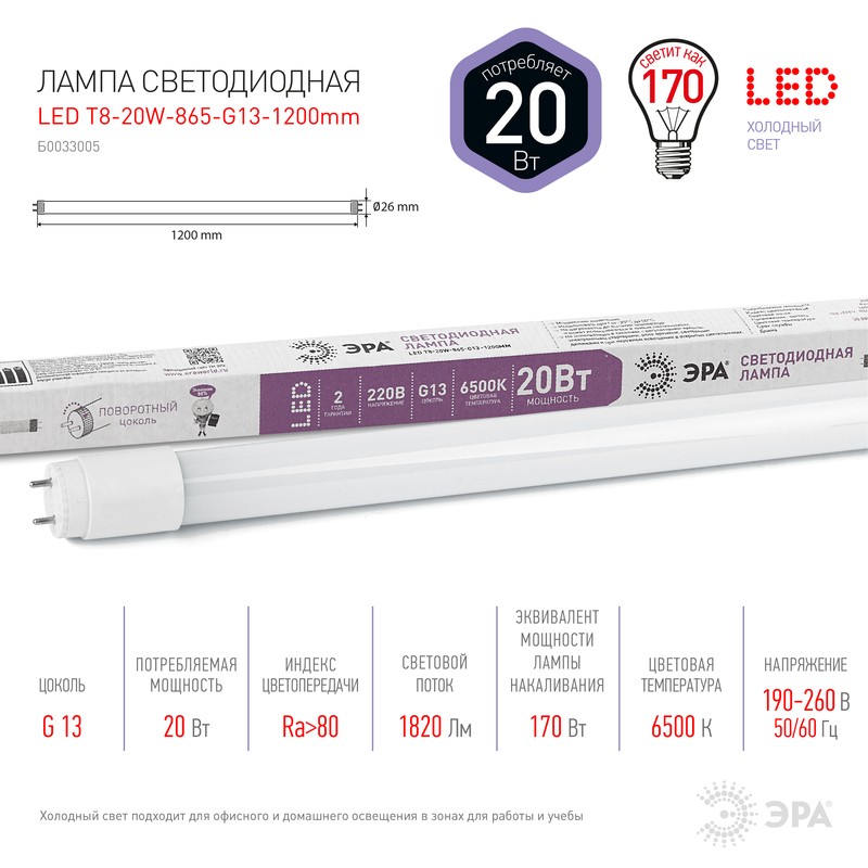 Лампа светодиодная ЭРА STD LED T8-20W-865-G13-1200mm G13 поворотный 20Вт трубка стекло холодный днев