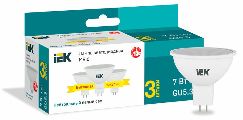 Лампа LED MR16 софит 7Вт 230В 4000К GU5,3 (3шт/упак) IEK