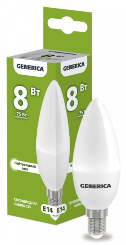 Лампа LED C35 свеча 8Вт 230В 4000К E14 GENERICA