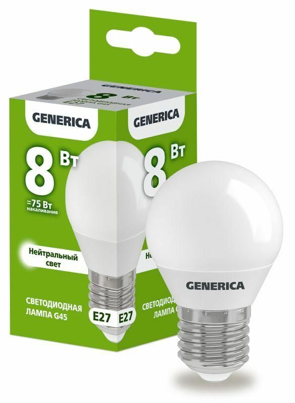 Лампа LED G45 шар 8Вт 230В 4000К E27 GENERICA