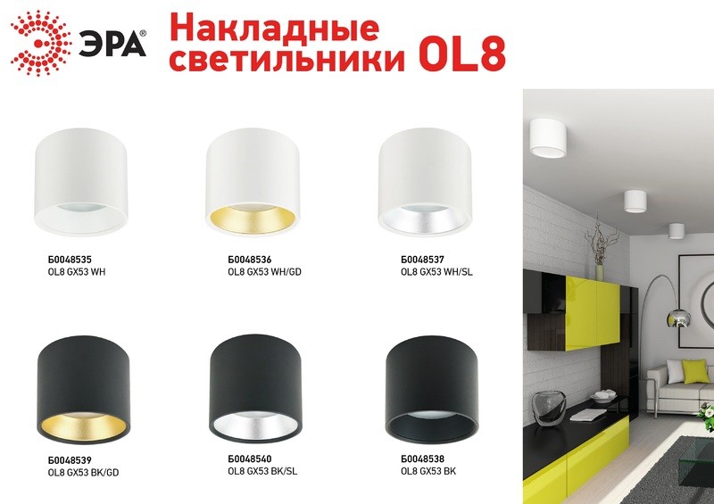 OL8 GX53 BK Подсветка ЭРА Накладной под лампу Gx53, алюминий, цвет черный (40/800)