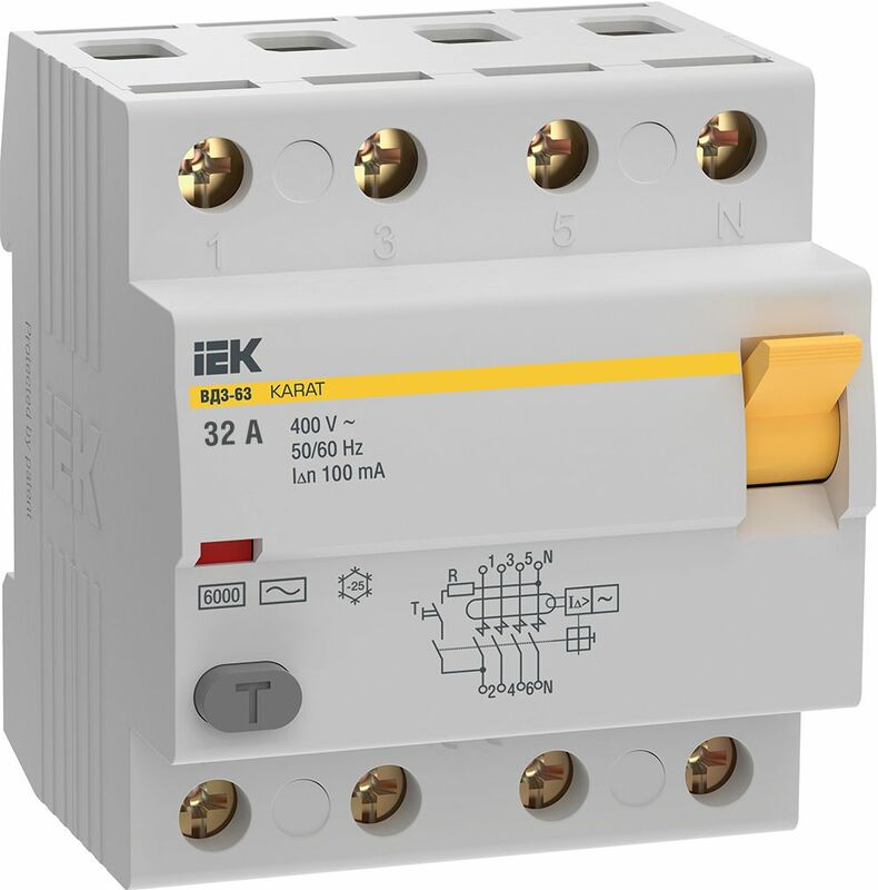 УЗО KARAT ВД3-63 4P 32А 100мА 6кА тип AC IEK