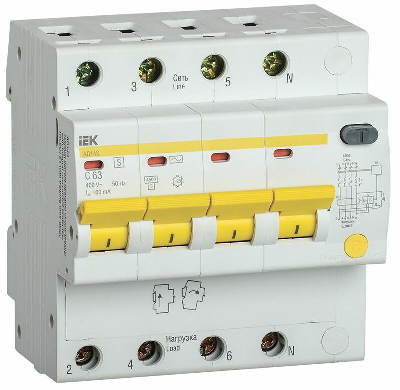 Диф.автомат АД14S 4Р 63А 100мА IEK