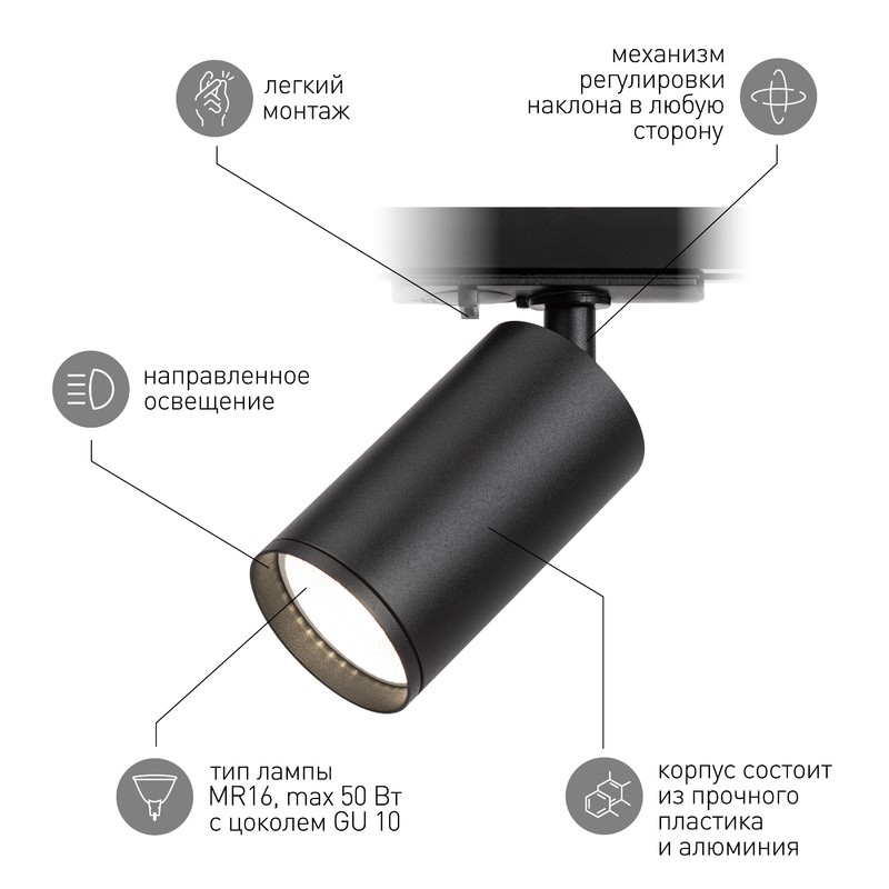 Трековый светильник однофазный ЭРА TR39-GU10 BK под лампу MR16 черный
