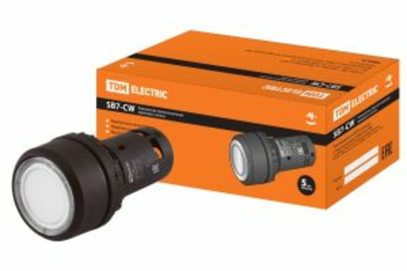 Кнопка SB7-CW3161 с возвратом, 1НО, d22 мм, с подсветкой 220 В LED, белая, IP54 TDM