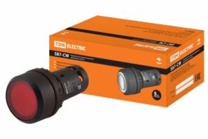 Кнопка SB7-CW3462 с возвратом, 1НЗ, d22 мм, с подсветкой 220 В LED, красная, IP54 TDM