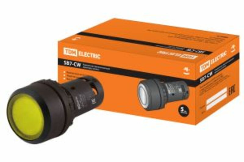 Кнопка SB7-CW3561 с возвратом, 1НО, d22 мм, с подсветкой 220 В LED, желтая, IP54 TDM