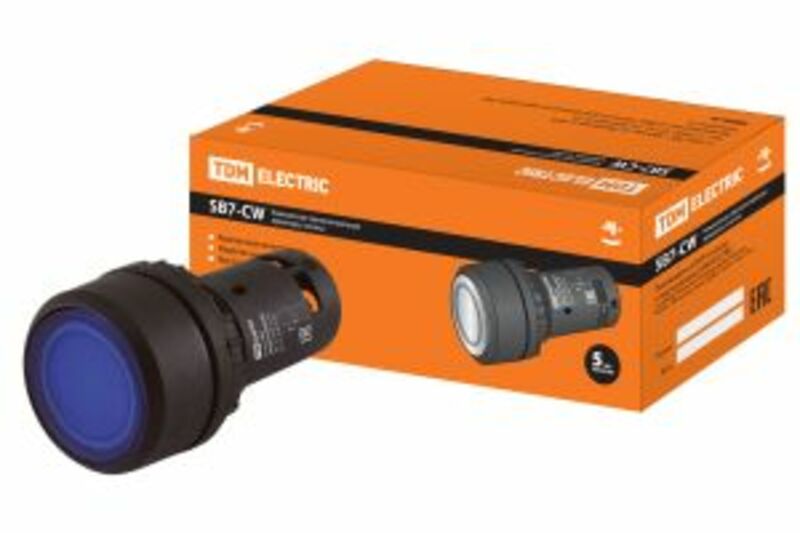 Кнопка SB7-CW3661 с возвратом, 1НО, d22 мм, с подсветкой 220 В LED, синяя, IP54 TDM