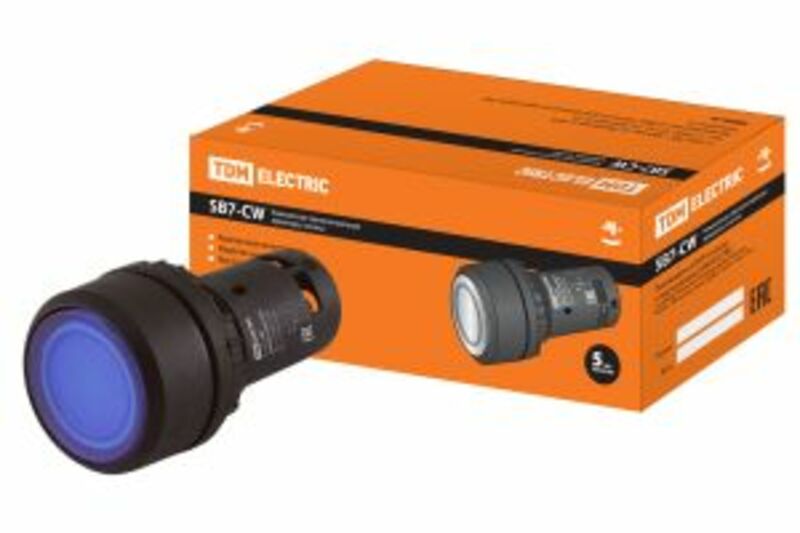 Кнопка SB7-CW3665 с возвратом, 1НО+1НЗ, d22 мм, с подсветкой 220 В LED, синяя, IP54 TDM