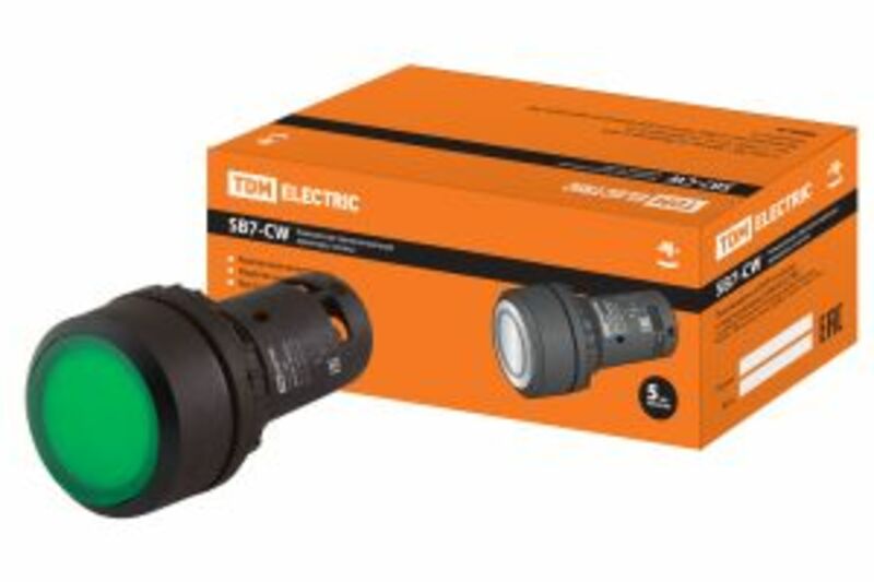 Кнопка SB7-CWL3365 с фиксацией, 1НО+1НЗ, d22 мм, с подсветкой 220 В LED, зеленая, IP54 TDM