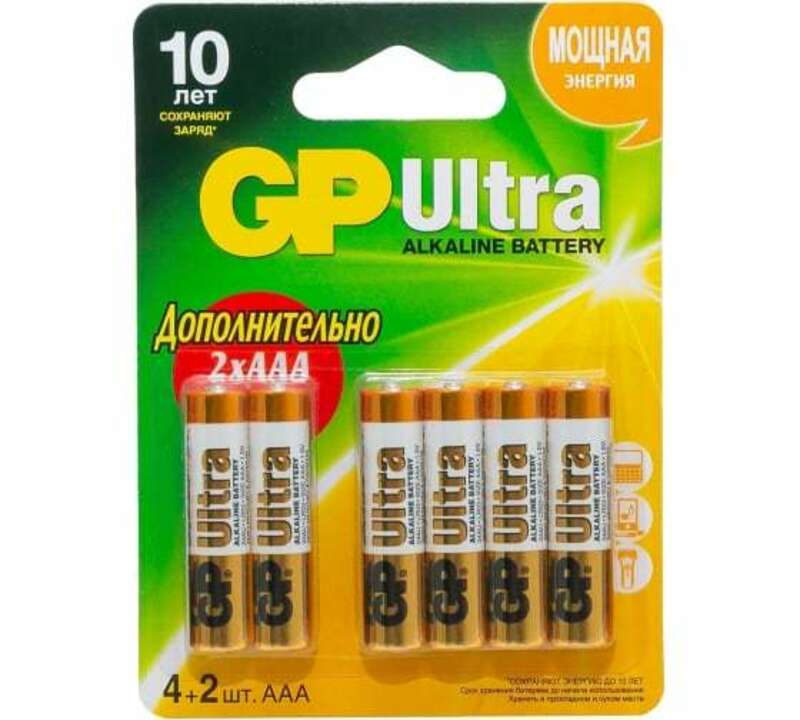 Алкалиновые батарейки GP Ultra Alkaline 24А AАA - 4+2 шт. на промо-блистере