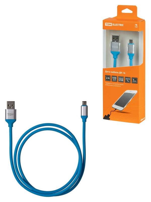 Дата-кабель, ДК 16, USB - micro USB, 1 м, силиконовая оплетка, голубой, TDM