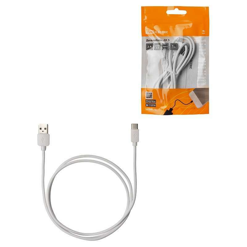 Дата-кабель, ДК 5, USB - USB Type-C, 1 м, белый, TDM