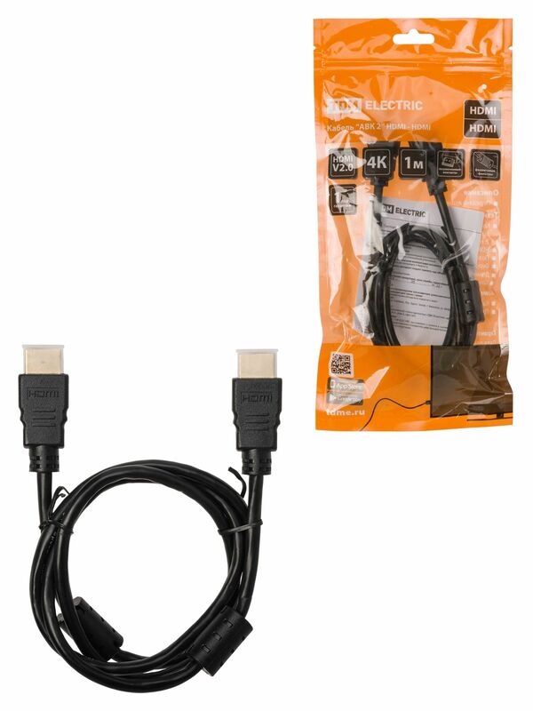 Кабель "АВК 2" HDMI - HDMI, v2.0, позолоченные контакты, с ферритами, 1 метр, TDM