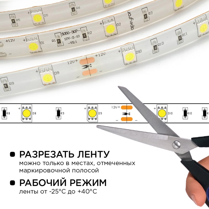 10-01 Комплект светодиодной ленты 12В с аксессуарами (блок, коннектор), smd 5050, 30 д/м, IP65, 5м, 