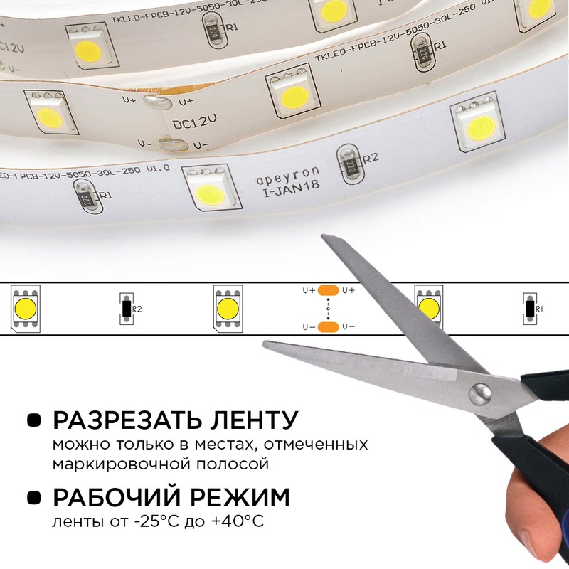 10-40 Комплект светодиодной ленты 12В с аксессуарами (блок, коннектор), smd 5050, 30 д/м, IP20, 5м, 