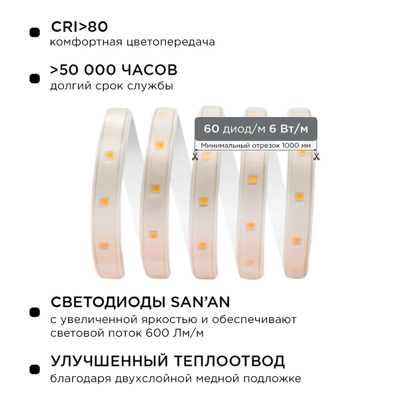 10-54 Светодиодная лента, 220В, 6Вт/м, smd2835, 60д/м, IP65, 600Лм/м, белый шнур ПВХ с прозрачным ра
