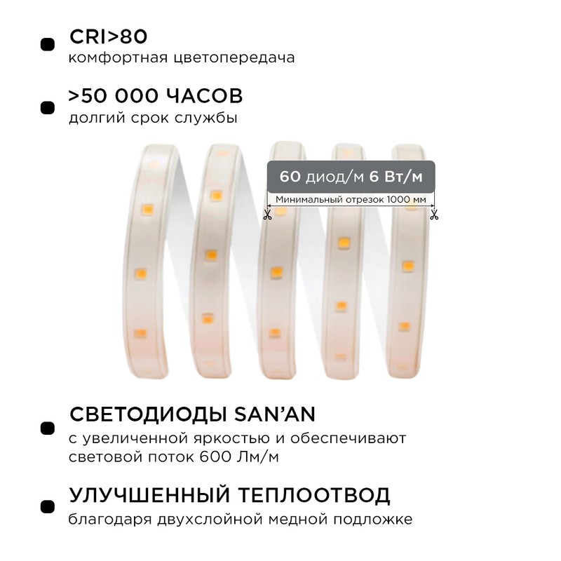 10-57 Светодиодная лента, 220В, 6Вт/м, smd2835, 60д/м, IP65, 600Лм/м, белый шнур ПВХ с прозрачным ра
