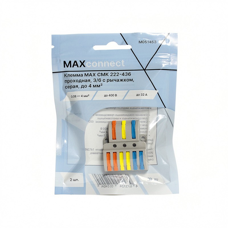Клемма СМК 222-436 проходная, 3/6 с рычажком серая до 4мм², уп.2шт