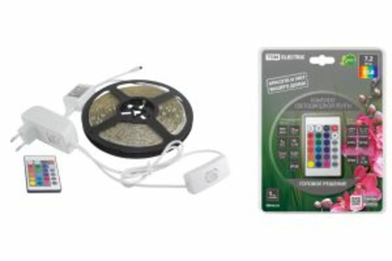 Комплект светодиодной ленты SMD5050-30 LED/м-12 В-7,2 Вт/м-IP65-RGB (5 м), 24 Вт, IR-контроллер TDM