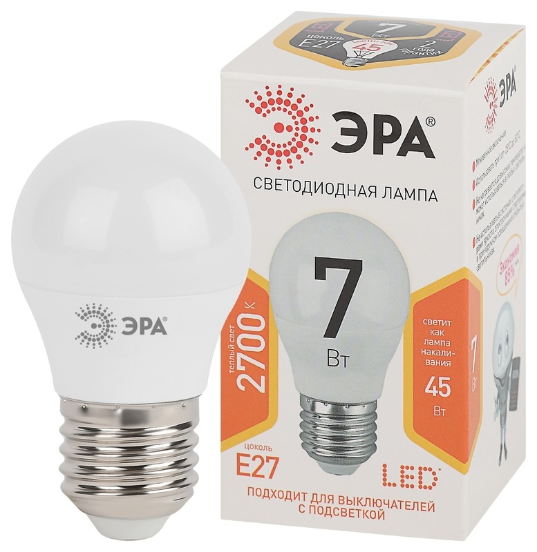 Лампочка светодиодная ЭРА STD LED P45-7W-827-E27 E27 / Е27 7Вт шар теплый белый свет