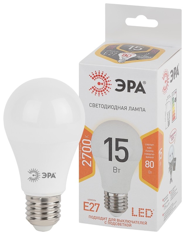 Лампочка светодиодная ЭРА STD LED A60-15W-827-E27 E27 / Е27 15 Вт груша теплый белый свет