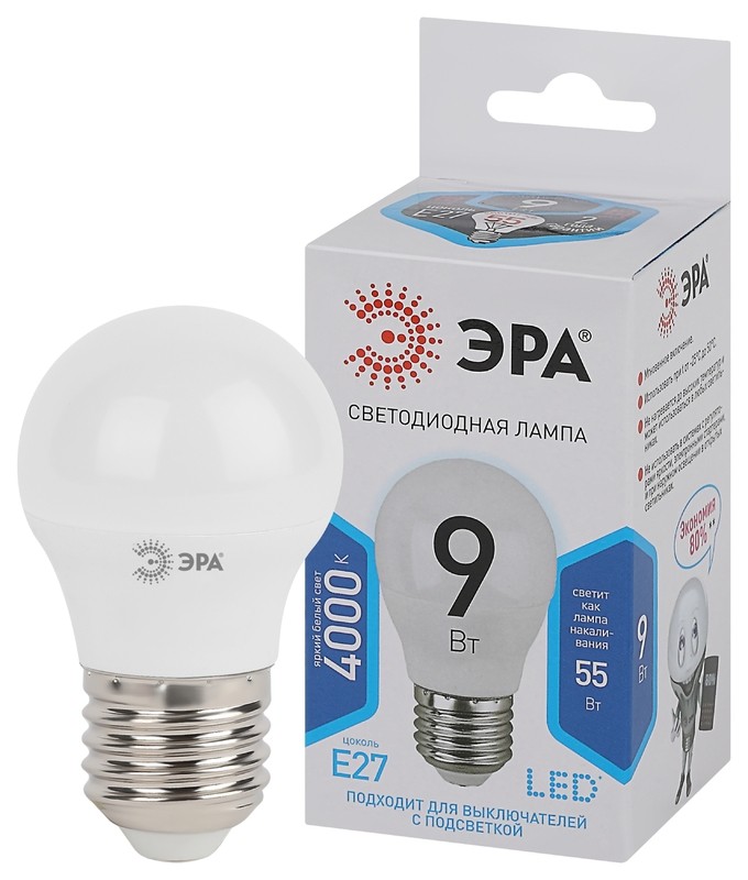 Лампочка светодиодная ЭРА STD LED P45-9W-840-E27 E27 / Е27 9Вт шар нейтральный белый свет