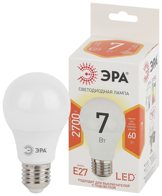 Лампочка светодиодная ЭРА STD LED A60-7W-827-E27 E27 / Е27 7Вт груша теплый белый свет