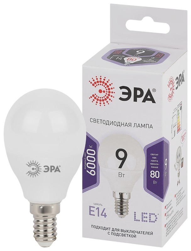 Лампочка светодиодная ЭРА STD LED P45-9W-860-E14 E14 / Е14 9Вт шар холодный дневной свет