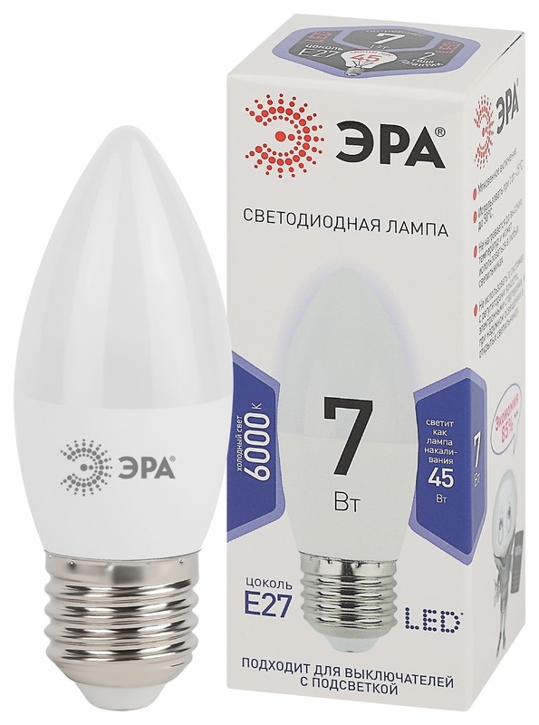 Лампочка светодиодная ЭРА STD LED B35-7W-860-E27 E27 / Е27 7Вт свеча холодный дневной свет