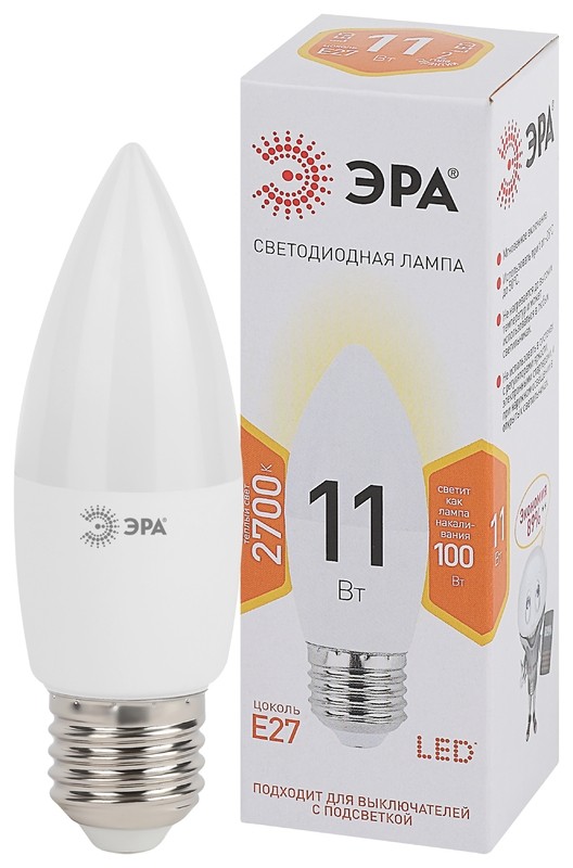 Лампочка светодиодная ЭРА STD LED B35-11W-827-E27 E27 / Е27 11Вт свеча теплый белый свет