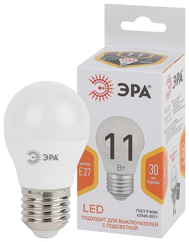 Лампочка светодиодная ЭРА STD LED P45-11W-827-E27 E27 / Е27 11Вт шар теплый белый свет