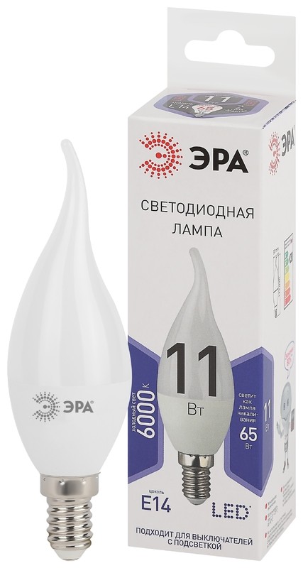 Лампочка светодиодная ЭРА STD LED BXS-11W-860-E14 E14 / Е14 11Вт свеча на ветру холодный дневной све