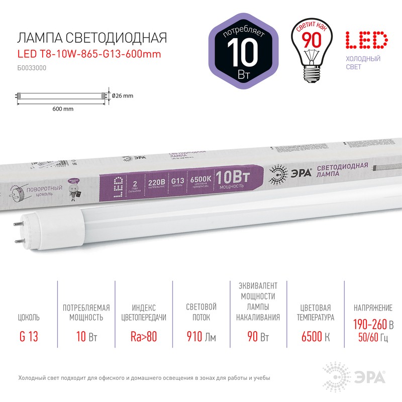 Лампа светодиодная ЭРА STD LED T8-10W-865-G13-600mm G13 поворотный 10Вт трубка стекло холодный дневн